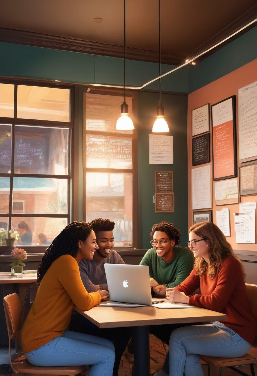 An illustration of a diverse group of people gathered in a cozy coffee shop, engaged in lively conversations about blogging, with laptops open and notebooks in hand. In the background, a large chalkboard displays inspiring quotes about community and connection. Warm ambiance with soft lighting and colorful decor. Emphasize connection and inspiration. warm colors, vector art, inviting atmosphere.