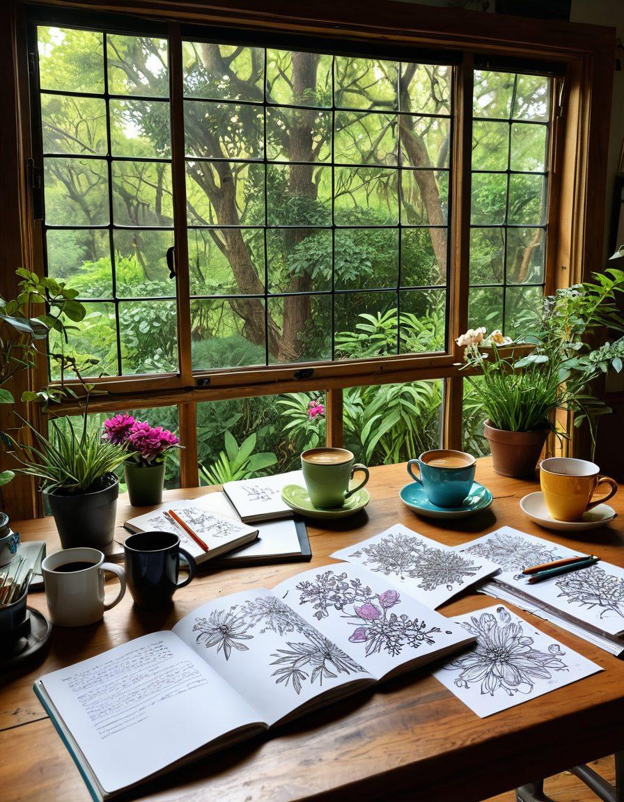 A vibrant workspace filled with colorful art supplies, an open notebook with handwritten notes and sketches, an inspiring view of nature through a window, a steaming cup of coffee, and a creative mind at work surrounded by whimsical doodles floating around.  super-realistic. vibrant colors. cozy atmosphere.