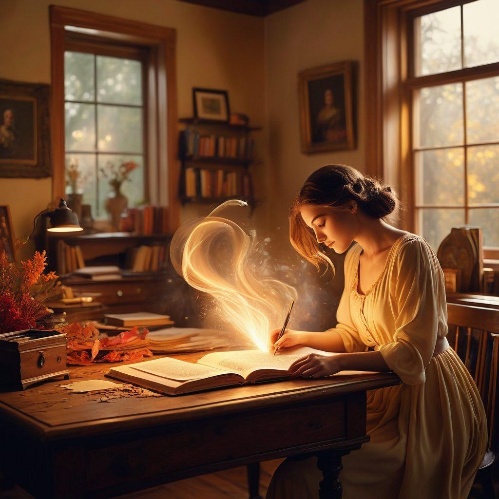 A captivating scene displaying a writer at a vintage desk, surrounded by swirling pages transforming from dull to vibrant as they float through the air. The backdrop features a diverse audience, engaged and inspired by the evolving stories. Warm lighting enhances the atmosphere, reflecting creativity and passion. magical realism. vibrant colors. soft focus.